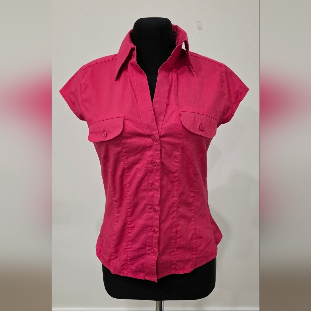 H&M Hot Pink Cap Sleeve Fitted Button Down Cotton Shirt Cargo Utility Eur38